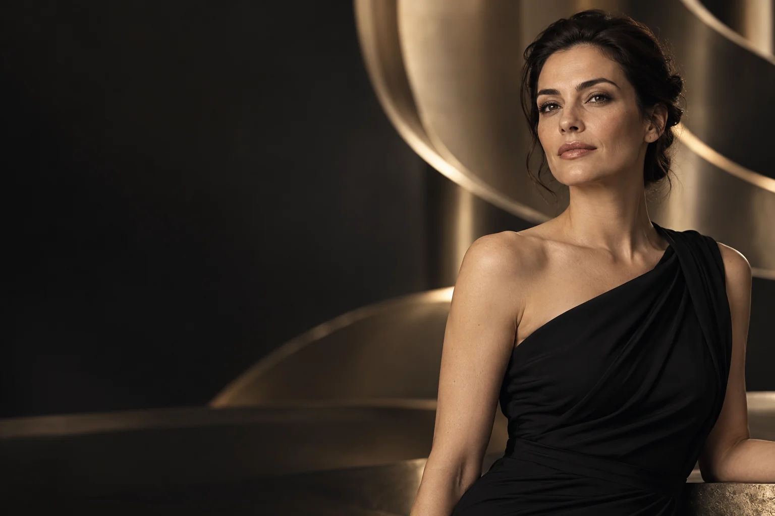 Retrato editorial de una modelo con vestido negro y luz cálida, imagen ilustrativa generada con IA
